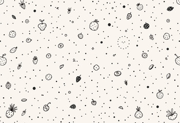 various fruits and vegetables, including strawberries, apples, and bananas, scattered across a light background with small dots representing stars.