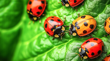 A group of colorful ladybugs on a fresh green leaf background.