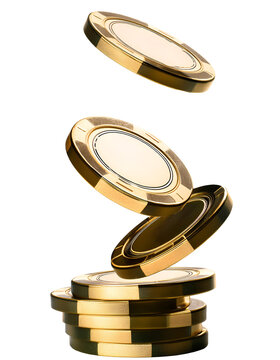 Golden casino chips falling, cut out