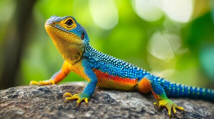 Obraz premium Colorful Lizard on Rock with Vibrant Blue and Orange Scales