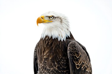 Fototapeta premium A powerful eagle standing tall, sharp beak and piercing eyes focused against a white background