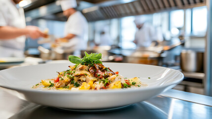 Gourmet Dish in Modern Kitchen Setting with Chefs Preparing Delicious Culinary Creations : Generative AI
