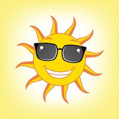 Cool cartoon sun wearing stylish sunglasses, radiating summer vibes.