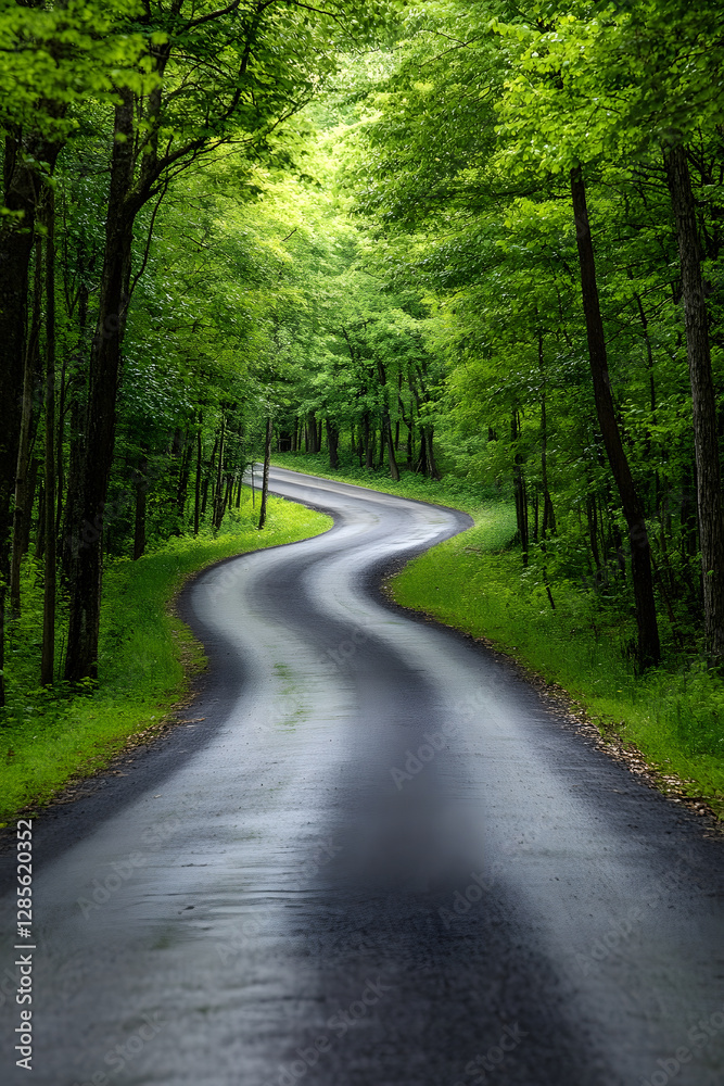Poster scenic winding forest road with lush green trees and nature serenity : generative ai