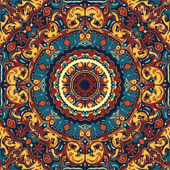 The pattern features a large central circle surrounded by a symmetrical array of smaller circles, flowers, and swirls in various colors including blue, orange, yellow, and red.