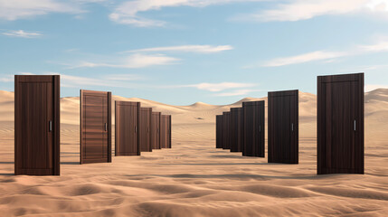 
Endless Rows of Mysterious Doors in a Vast Desert, Surreal Choice Landscape

