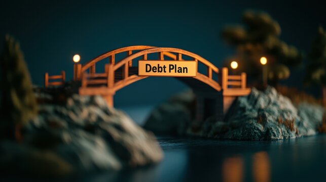 Debt Crisis Solution Concept, Artistic Representation of a Bridge Symbolizing a Debt Plan with Natural Surroundings and Soft Lighting