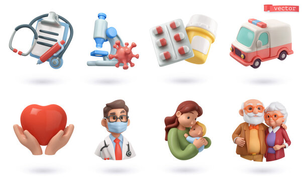 Medicine and health care icon set. 3d render vector objects