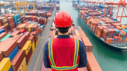 Fototapeta premium A worker in safety gear oversees a busy shipping yard filled with colorful containers, highlighting maritime logistics and industry.