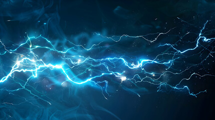 Obraz premium Abstract blue lightning bolts illuminating a dark background with swirling mist, creating dynamic energy