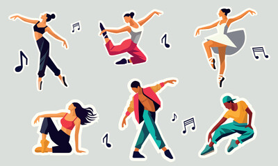 A vibrant illustration of dancers in various styles, including ballet, hip-hop, contemporary, and jazz-funk. 