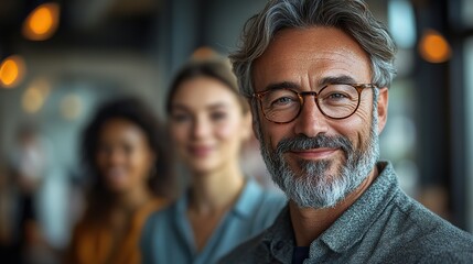 Happy executives smiling together in a modern office setting, showcasing teamwork and collaboration. Their confident expressions reflect a positive work environment.