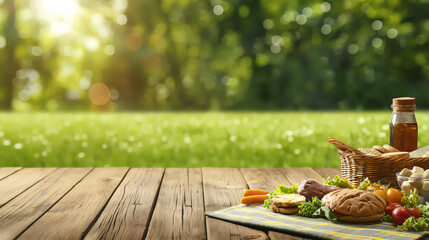 Empty Wooden Picnic Table in a Sunny Green Park, Ready for a Summer Meal

