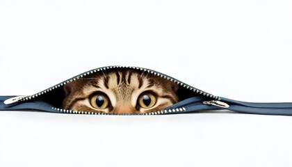 A cat peeking out from behind a zipper, with only its eyes and nose visible