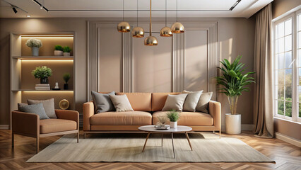 Modern Beige Living Room Interior Design Featuring Warm Tones
