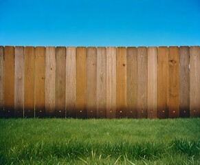 A wooden fence with vertical planks against a clear blue sky, with a lush green grass lawn in the foreground