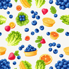 The pattern features an assortment of fruits and vegetables, including blueberries, strawberries, oranges, and leafy greens, arranged in a repeating design.