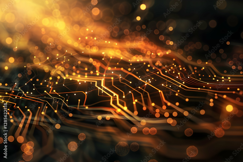 Poster abstract representation of glowing circuit patterns with bokeh lights in a dark environment