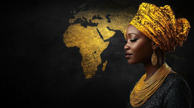 Beautiful Black African Woman with Africa Map Concept Isolated on White Background