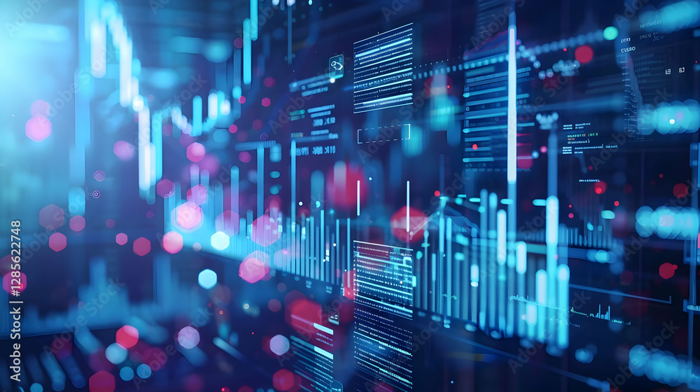 Poster abstract digital data visualization with glowing graphs and blurred bokeh effects