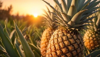Obraz premium pineapples growing on a plant, with a warm, golden sunset in the background