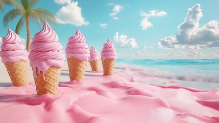 Pink ice cream cones melting on dreamy tropical beach with palm tree under clear blue sky and fluffy white clouds