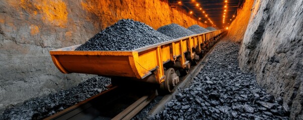 A coal mining scene featuring a train of carts filled with coal inside a dimly lit tunnel.
