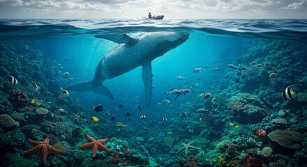 Fototapeta premium Beneath the Waves A Humpback Whale's Underwater Paradise Abounds with Life