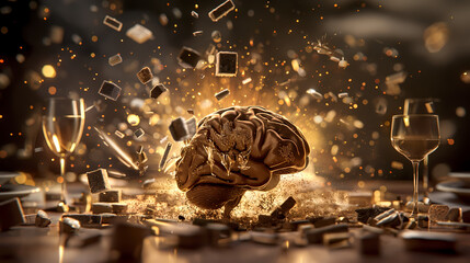 Golden Brain Bursting with Ideas, Surrounded by Floating Symbols and Champagne Flutes

