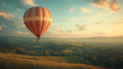Fototapeta premium Hot air balloons float over a rural landscape with a vintage filter applied.