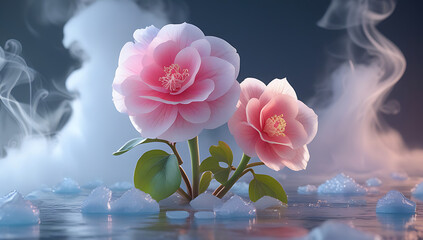 Begonia flower with pink petals and green leaves against a frosty, icy blue backdrop. Created with generated AI.