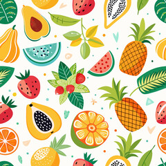Vibrant seamless pattern featuring various tropical fruits and leaves on a white background.
