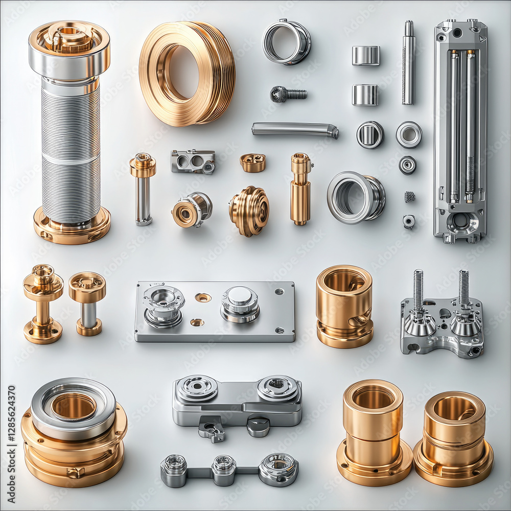 Poster high quality cnc machined parts gold and silver, showcasing precision engineering and design. ideal 