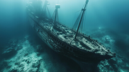 Obraz premium Schooner Ship Vintage view of a sailing ship, a sunken ship. Grand view of an old sailing ship from the times of pirates and the Middle Ages on the high seas in underwater, background