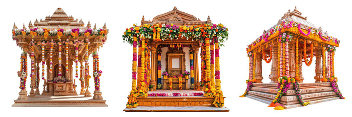 Fototapeta premium A Set of Vibrant Temple Decor Embracing Holi Festival Colors with Cultural Extravagance Isolated on transparent Background