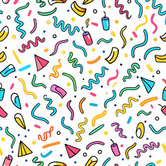 Colorful 80s style seamless pattern with doodles, shapes, and confetti.
