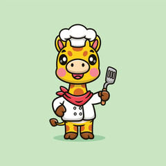 Cute Cartoon Giraffe Master Chef Holding Spatula Vector Icon Illustration. Animal Food Icon Concept Isolated Premium Vector. Animals Cartoon Style