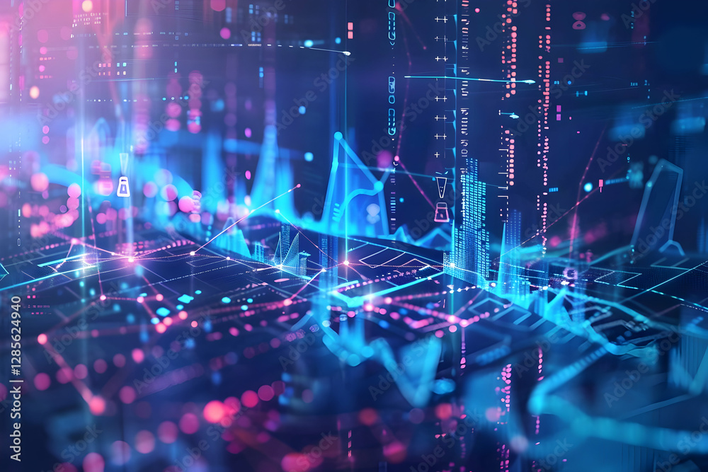 Poster abstract digital data visualization with glowing graphs and charts representing analytics trends