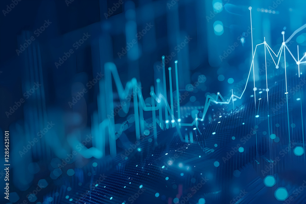 Poster abstract data visualization with glowing blue lines and dots representing statistical trends