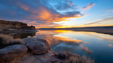 Spectacular Sunset Over Calm Lake with Majestic Clouds in Sky : Generative AI