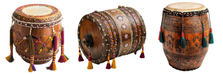 A Set of Energetic Indian Drums Dhol Exuding Vibrant Rhythms and Festive Spirit for Holi, Uniquely Isolated on transparent Background