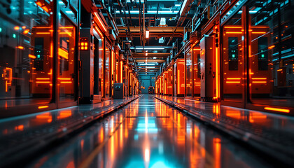 Futuristic Server Hallway: Glowing Orange and Teal Industrial Artwork