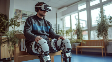Man with a disability wearing virtual reality glasses with bionic prosthetic arm gets rehabilitation. Man in vr goggles raising robotic hand interacting with objects in cyberspace. 