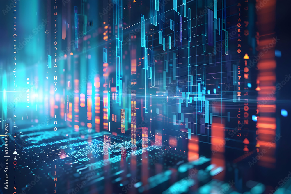 Poster futuristic digital landscape with vibrant data streams and glowing elements in a tech environment