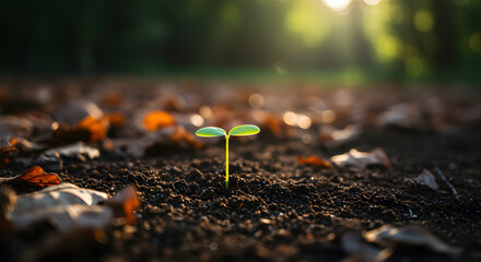 A Tiny Sprout Emerging in the Dawn: New Life Breaking Through Autumn Leaves