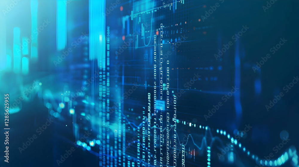 Poster abstract digital data visualization with graphs and charts representing analytics trends
