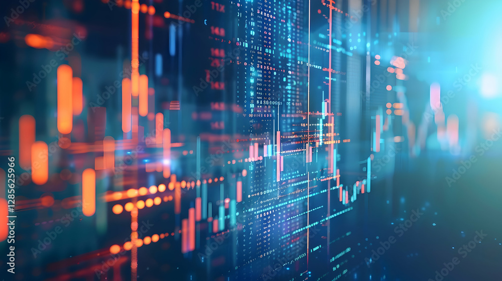 Poster abstract visualization of financial data trends with glowing graphs and digital elements