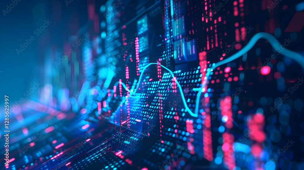 Poster abstract digital data visualization with glowing lines and vibrant colors in a tech environment