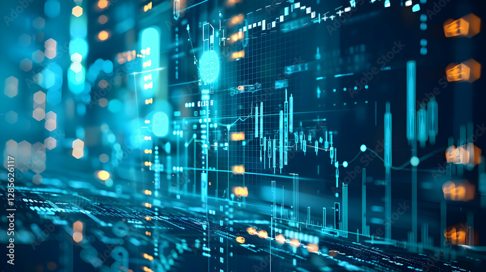 Poster abstract digital data visualization with glowing graphs and charts against a dark background
