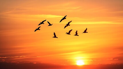 Obraz premium Birds Flying in Silhouette Against Fiery Orange Sunset Sky